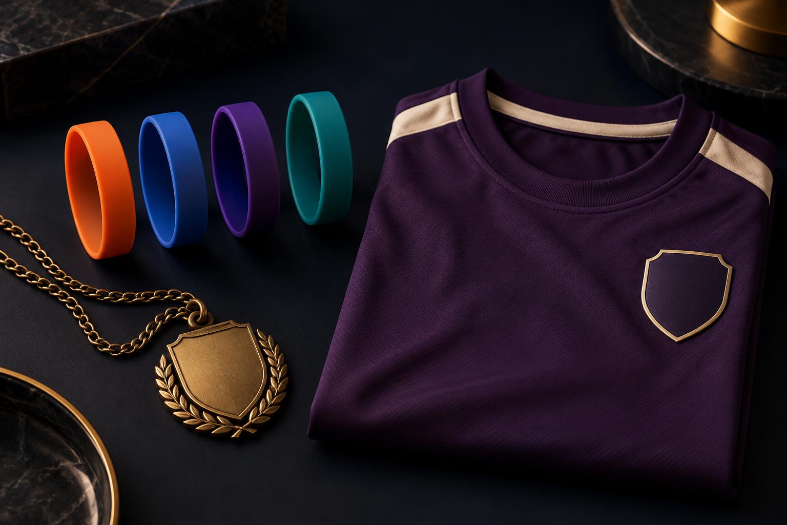 Four House wristbands beside an engraved championship badge and a folded House shirt