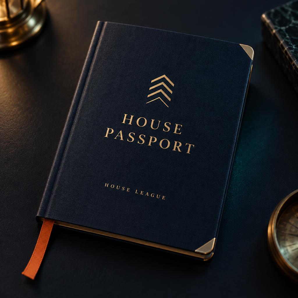 Navy House Passport booklet with foil lettering