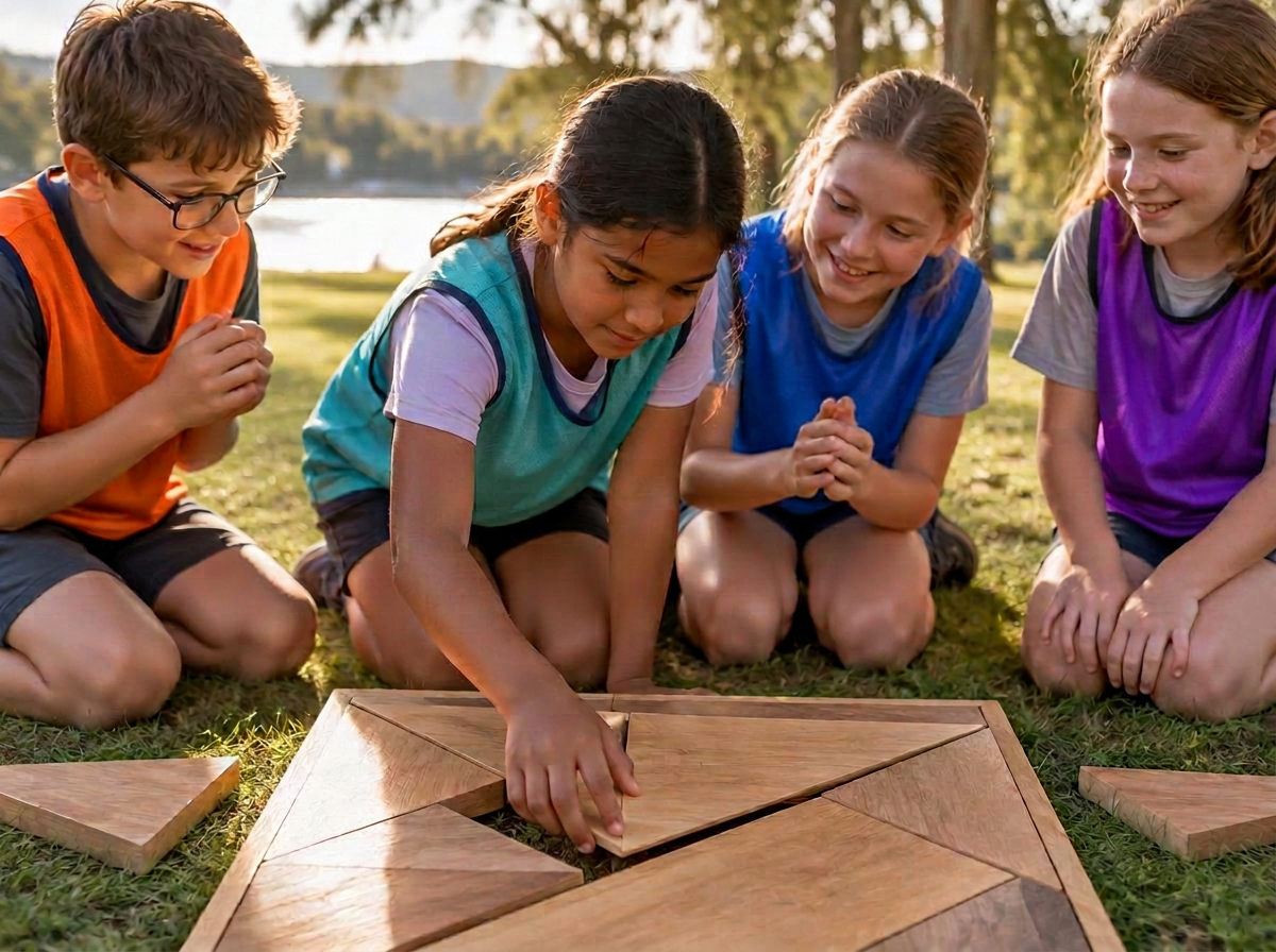 Children working together to solve a wooden puzzle outdoors